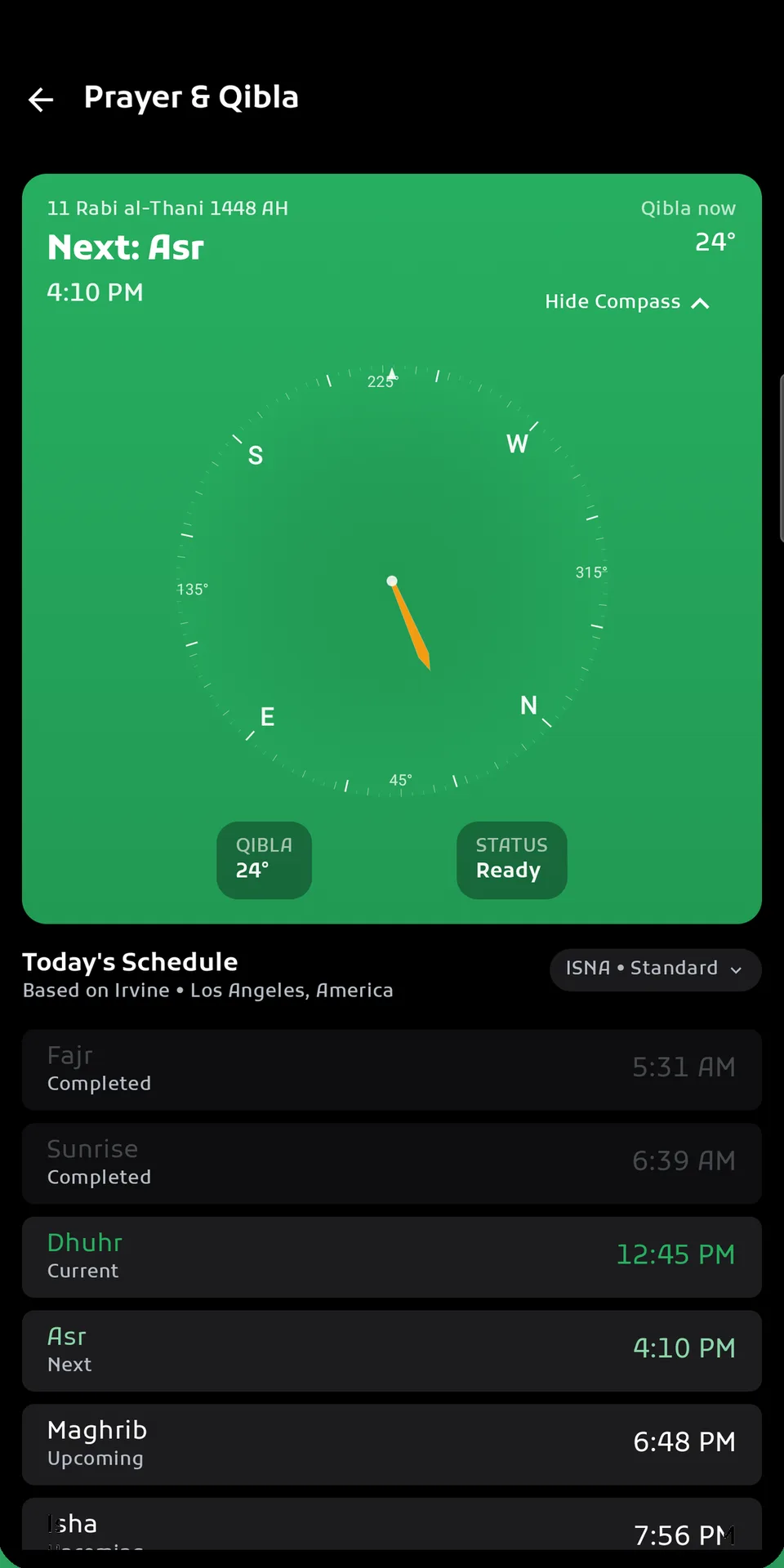 IslamIQ Pro app screen: the next prayer, Asr, with the Qibla compass and today's prayer schedule